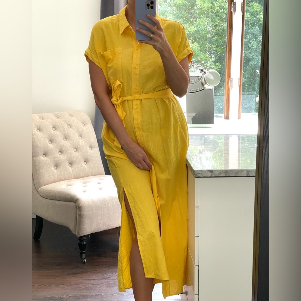 New! Bright Yellow Belted Buttons on the Front, Short Sleeves Shirt Dress size12